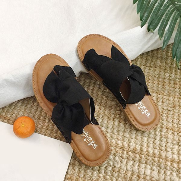 

women summer slippers plus size flock bow slides butterfly kont fashion female beach wear casual flats shoes, Black