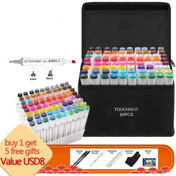

highlighters touch markers pen set felt-tip pens 80/168 color animation sketch marker dual head drawing art brush with 5 gifts, Black;red
