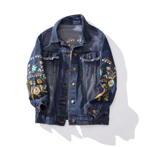 

2020 new women denim jacket spring streetwear single breasted floral embroidery turn-down collar plus size 3xl 4xl 5xl lady coat, Black;brown