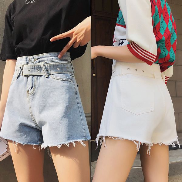 

women's jeans white shorts women summer high-waist wide-leg 2021 streetwear boyfriend frayed belt, Blue