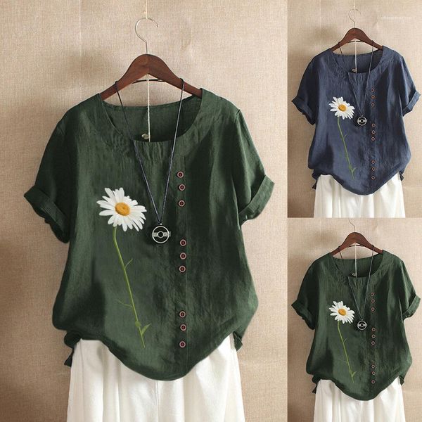 

summer loose short sleeve ladies daisy print tees female apparel plus size crew neck womens tshirts, White