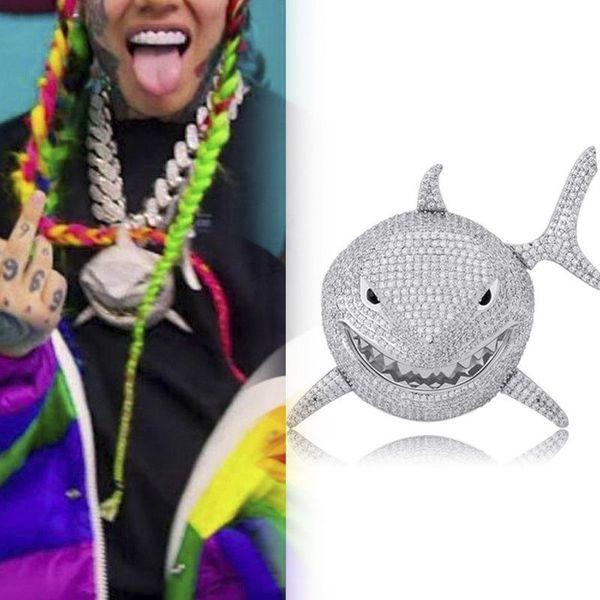 Collana con ciondolo squalo 6ix9ine di piccole dimensioni per rapper hip-hop, regalo di gioielli hip-hop da uomo placcato in oro 18 carati