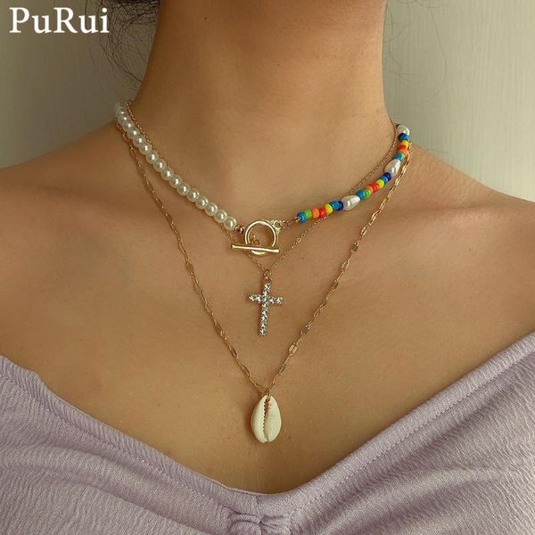 

bohemian natural shell necklace lariat shiny crystal cross pedant necklace for women beach summer choker collar jewelry, Golden;silver