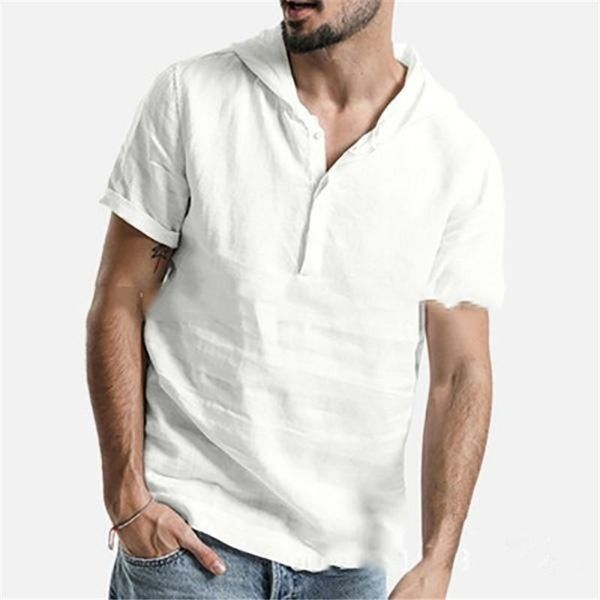 

down collar with hooded mens casual shirts with button summer clothing pure color short sleeve mens shirts fashion turn, White;black