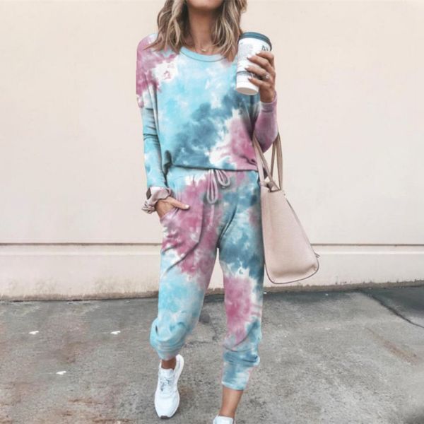 

women's tracksuits autumn winter tie dye printed set casual spoarts suit women long sleeve + trousers tracksuit with pockets, Gray