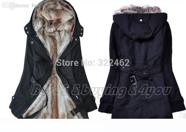 

wholesale-womens fur hoodies ladies winter warm long coat jacket clothes factory wholesale s-xxxl on sale, Black