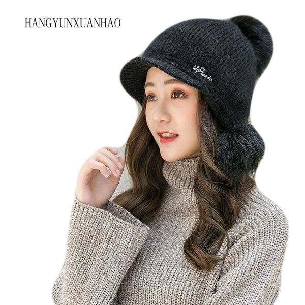 

winter hats for women natural fur pompom hat warm hair slouchy beanies for female fashion skullies lady hats 2020, Blue;gray