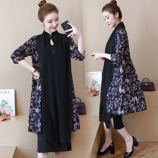 

black women dress with cardigan cotton linen plus size 2 piece party dresses elegant vintage china print 2020 spring clothing, Black;gray