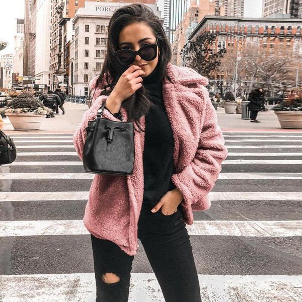 

women's fur & faux coat women autumn winter fluffy 2021 plush fashion solid long sleeve lapel loose warm soft outwear, Black