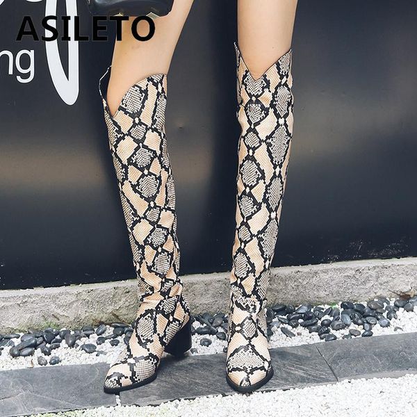 

asileto brand snake pattern print shoes over-the-knee boots women square high heels pointed toe long booties botas mujer c608, Black