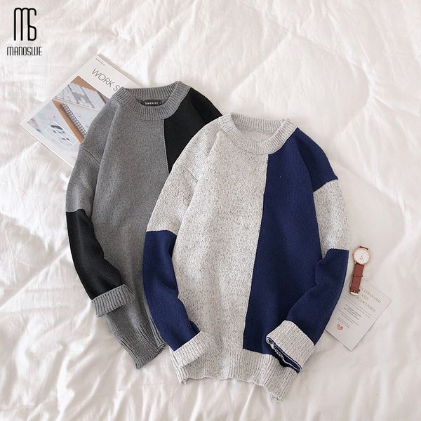 

men's sweaters manoswe autumn winter sweater men brand clothing 2021 hit patchwork casual loose o-neck pullover student trend, White;black
