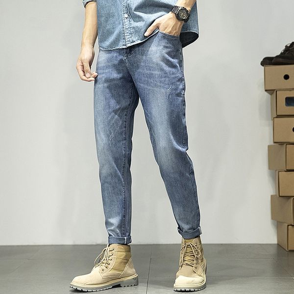 

spring autumn jeans men's slim fit skinny new all-match jeans and trouserstrousers and trousers ankle-length pants straight loose tooli, Blue