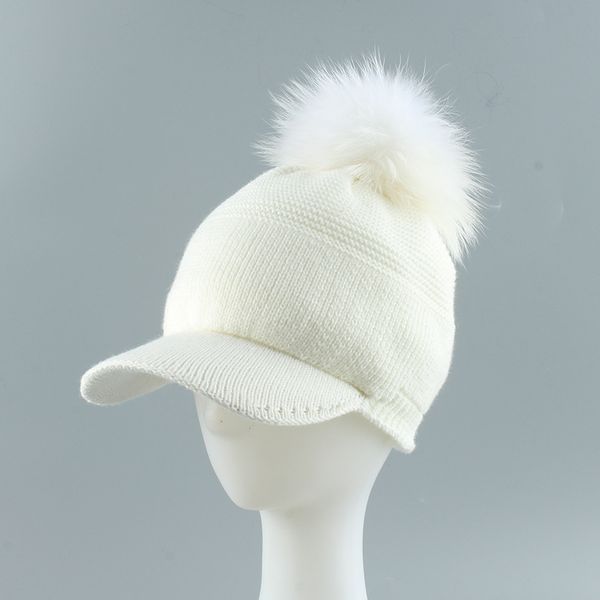 

women hat winter baseball cap real raccoon fur pompon knit beanie warm fleece lining skiing outdoor accessory girl teenager, Blue;gray