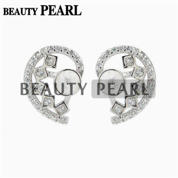 

pearl earring settings symmetrical half cut heart 925 sterling silver zircon stud earring findings 5 pairs, Slivery;crystal