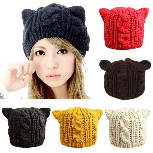 

women warm solid color hip-hop cap cat ears hat beanie lady girls winter knitted skullies beanies casual wool caps, Blue;gray