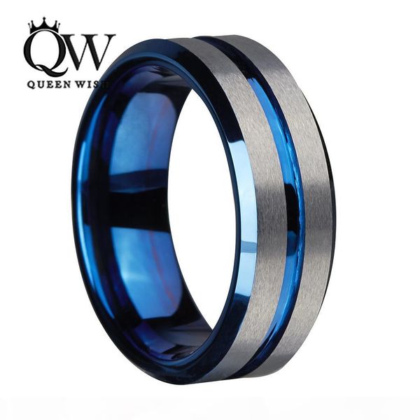 

8mm blue tungsten carbide ring for men and women silver brushed and black stripe wedding bands promise engagement ring fashion jewelry, Slivery;golden
