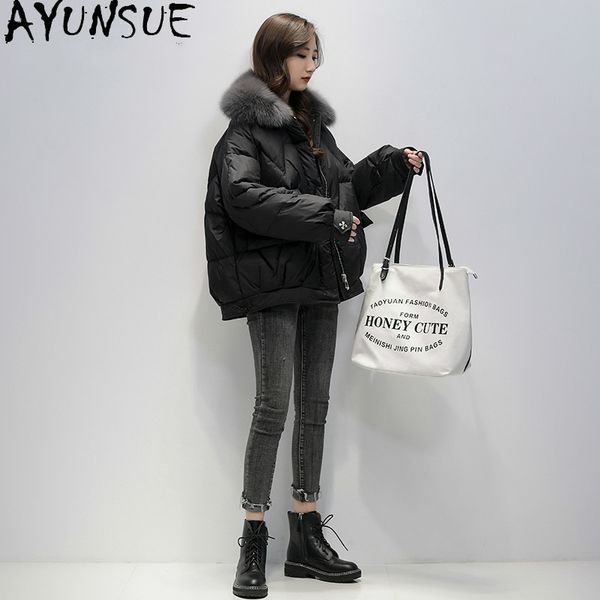 

women's down & parkas ayunsue fashion jacket fur collar women coats 90% white duck female winter ropa zjt287, Black