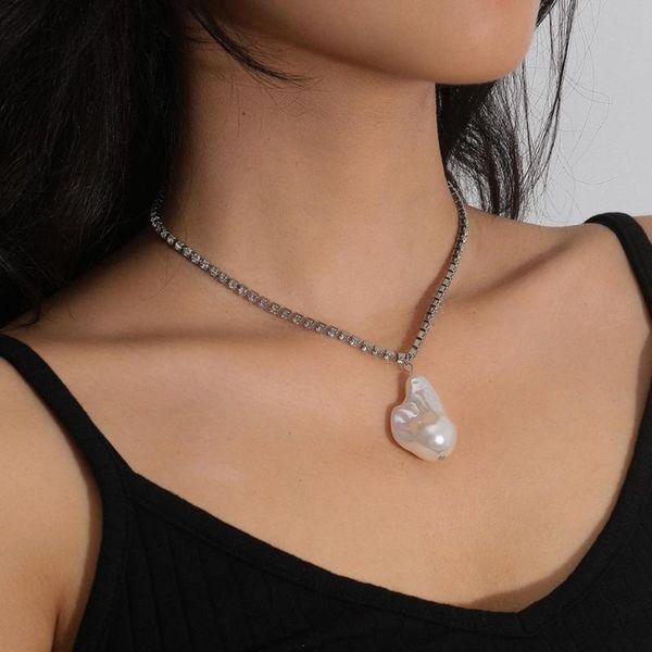 

lacteo 2020 fashion shiny rhinestone chain choker necklace summer beach imitation pearl pendant necklace jewelry for women party, Silver
