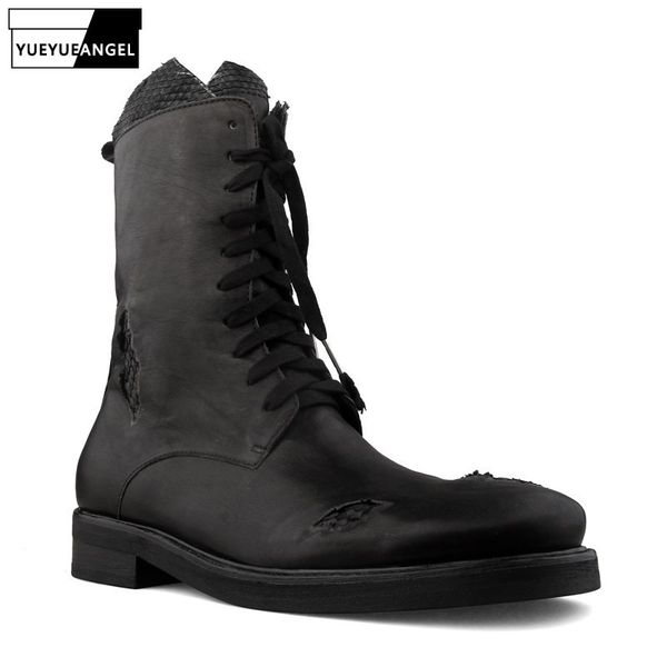 

personality patch hole snake skin retro mens mid calf boots harajuku luxury genuine leather horse skin cross tie male safe boots, Black