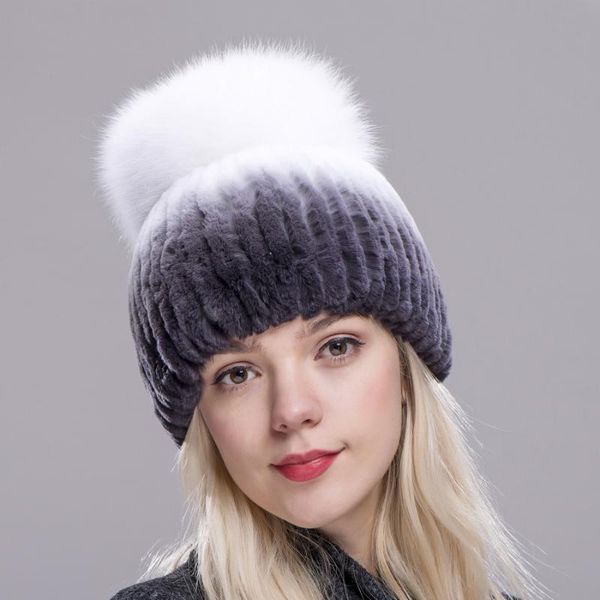 

2020 fxfurs fur hat for women 100% real rex princess cap with luxury fur new thick female winter knitted hat, Blue;gray