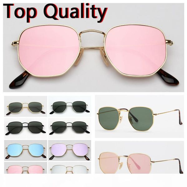 

sunglasses hexagonal flat glass lenses design for men women male female sunglasses with brown or black case, cloth, paper box, accessories, White;black