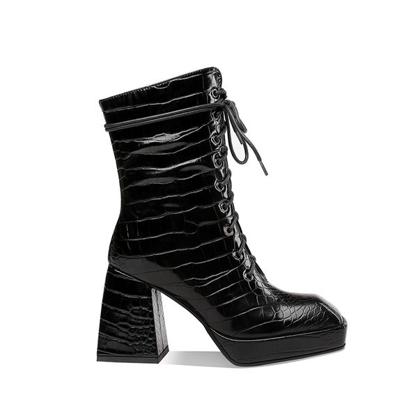 

stylesowner new zipper square toe high heel woman boots popular lace-up patent leather woman boots autumn stone pattern, Black