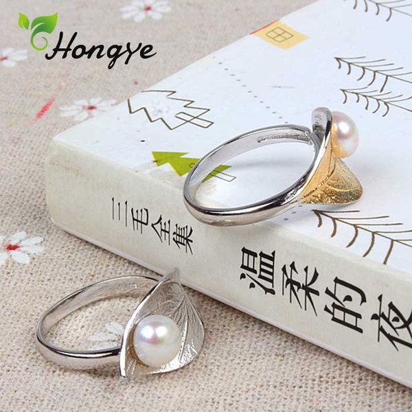 

hongye fashion adjustable gold color leaves finger ring for women 925 sterling silver fine jewelry bridal birthday natural pearl, Golden;silver