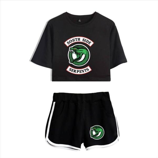 

riverdale two piece set summer cotton printed t shirt album woman new suit shorts crop riverdale fashion shorts 2019, Gray