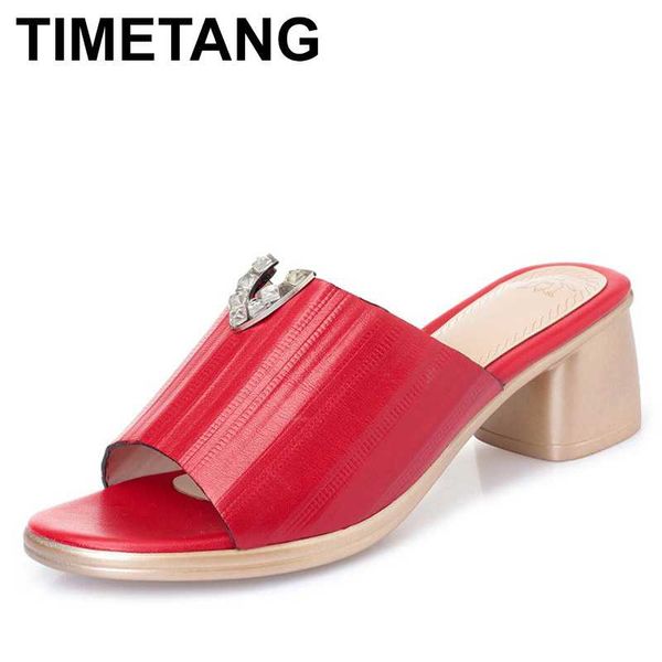 

timetangwomen genuine leather slippers summer 2020 square mid heel rhinestone platform peep toe elegant ladies shoes zapatos, Black