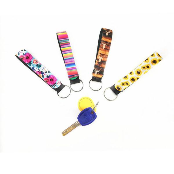 

6 keychains ring printing lanyard long neoprene key keychain material leopard strip styles jewelry floral sunflower diving 2019 women cswzc