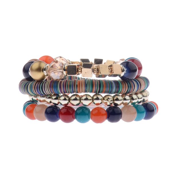 

anqi 4pcs/set bohemia ethnic bracelet jewelry multicolor stone beads geometric metal bracelets set for women pulseira mujer, Black