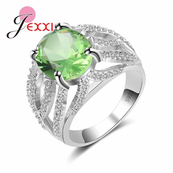 

luxury style light green crystal stone with white zircons 925 sterling silver rings female engagement party ring jewelry, Golden;silver