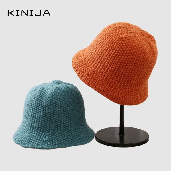 

women autumn winter anti ultraviolet warm wool knitted hat japanese simple smooth board bucket cap folding hat fisherman, Blue;gray
