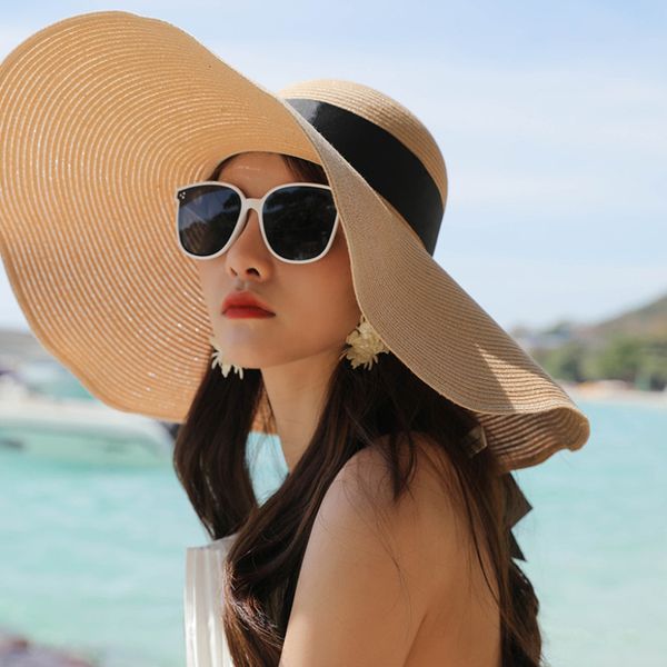 

ht3170 new straw hat big large wide brim hat women summer sun ladies black band beach cap female sun shade floppy beach, Blue;gray