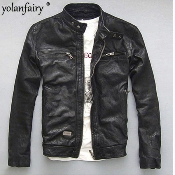 

yolanfairy spring autumn men's genuine leather jacket short slim motocycle jackets for men outerwear jaqueta de couro, Black
