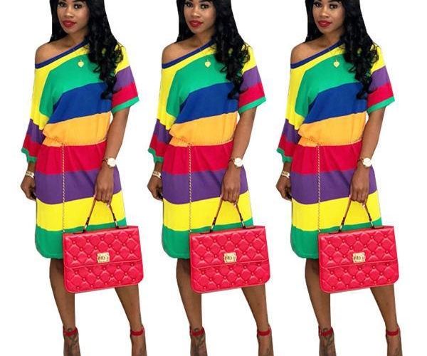 

rainbow stripe dress women summer female shirt long sleeve plus size dress woman designer clothing, Black;gray