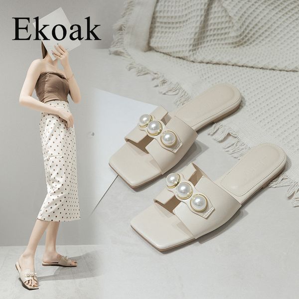 

ekoak classsic мягкая кожа pearl женщины сандалии лето тапочки площади низкие каблуки женщин сандалии дамы пляж обувь женщина, Black