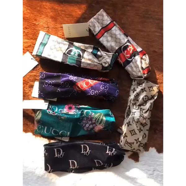 

2020 designers headband head scarves for women flowers and hummingbird printing silk cross hair band with elastic turban, Silver