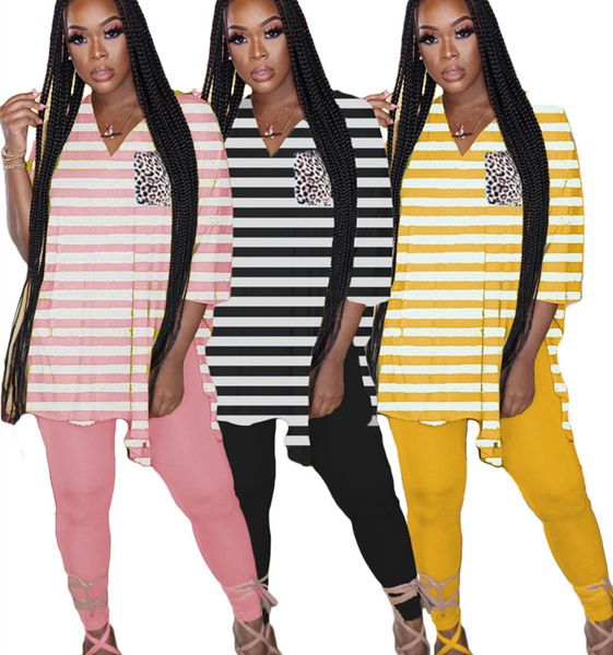 

women 2 piece clothing sets leopard striped blouse oversized tshirt legging pants tracksuit long sleeve outfits sweat suit d8402, White