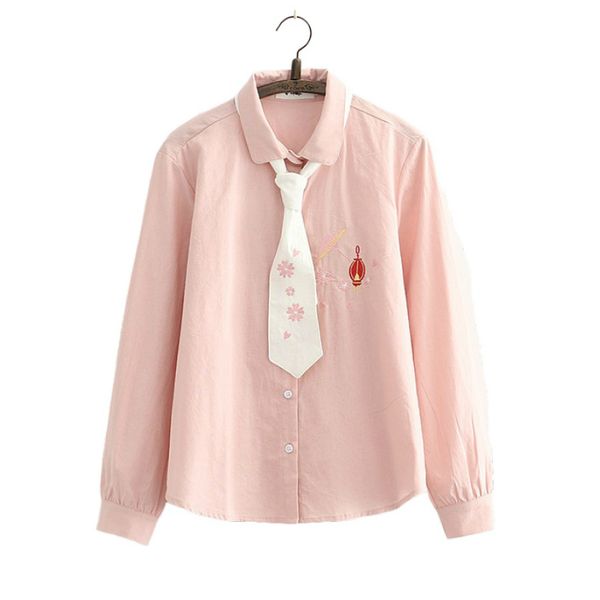 

women blouse floral embroidery tie cottn shirts 2020 autumn long sleeve turndown collar female blusas cute kawaii girl's top, White