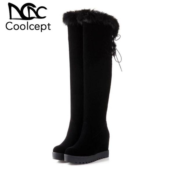 

coolcept women high heel cross strap winter boots warm fur over the knee boots daily platform ladies shoes size 34-42, Black
