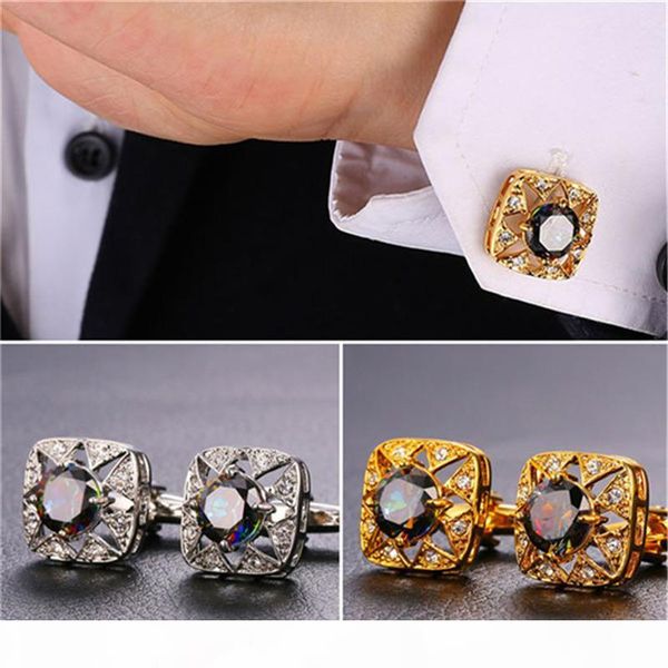 

mystic cubic zirconia rhinestone cuff links for men 18k real gold platinum plated square shirt cufflinks, Silver