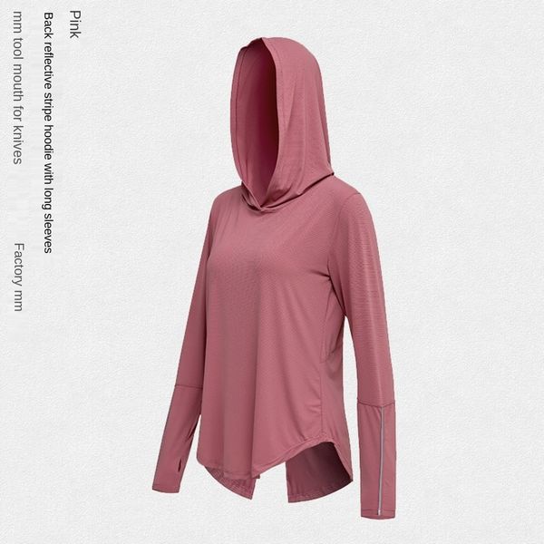 

sports blouse women's loose hooded back reflective strip slit fitness quick-drying running yoga suit sportswear sweatshirt sweatshirtlo