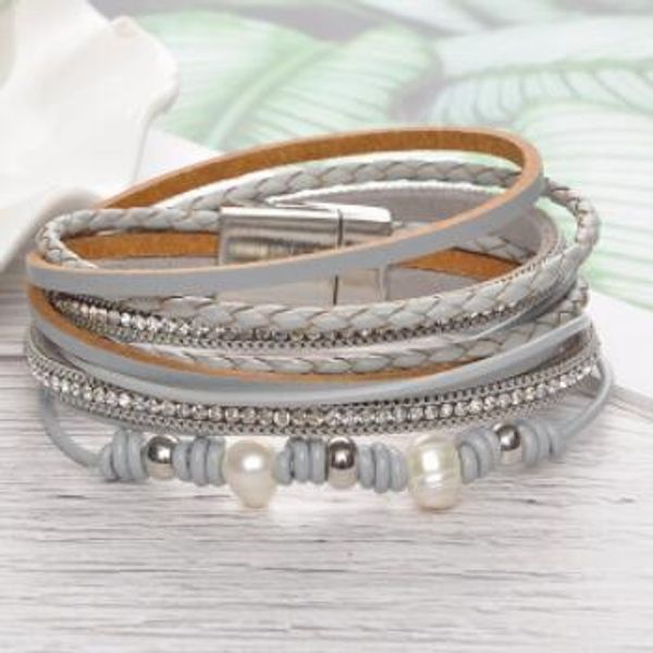 

ювелирные изделия браслетов из бисера для женщин жемчужной магнитной оснастки кожаной двухэтажный браслеты горячей моды свободной доставки, Black