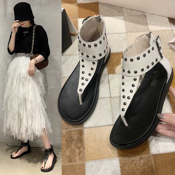 

2020 summer thick bottom flat heel clip toe shoes comfortable and breathable high roman rivet fashion sandals female z664, Black