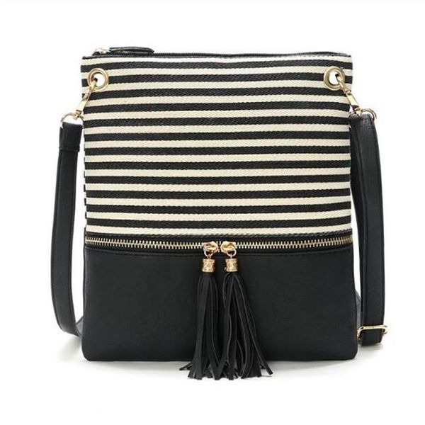 

2020 new female canvas shoulder bag ladies stitching color leather crossbody bags for women fringed small messenger bags