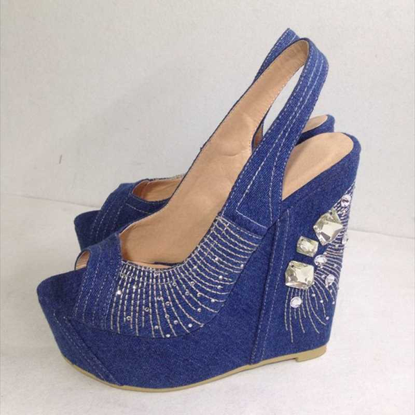 

mkkhou fashion sandals women 2020 new denim rhinestone wedge heel platform 15cm high heels women's single shoes sizes 34-43, Black