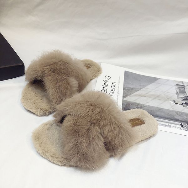 

womens 2020 winter cross plush home slippers fuzzy warm flat shoes open toe sandals x strap fur slides wholesale dropshipping, Black