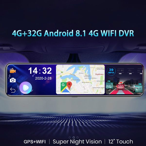 

d80 12" автомобильный видеорегистратор зеркало заднего вида 4g android 8.1 черточки cam gps навигации adas full hd 1080p автомобиля видеокам