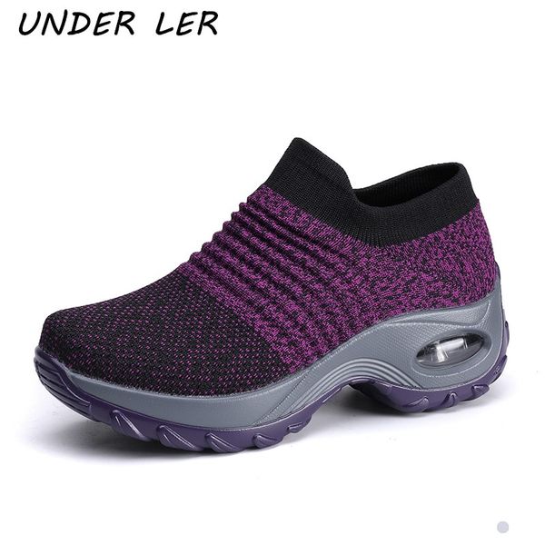 

2020 women running walking shoes autumn new mesh breathable knit ladies mix colors sneakers soft platform slip on loafers, Black